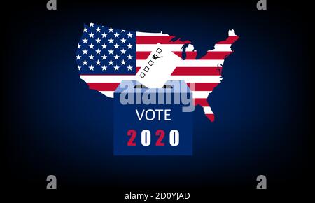 Elezioni presidenziali USA 2020. Bandiera americana sullo sfondo della mappa. Illustrazione vettoriale. Illustrazione Vettoriale