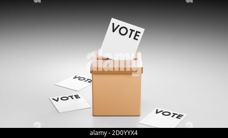 Voto casella, inserimento carta di voto, elezioni democratiche generali 20202 usa, illustrazione 3d, rendering cgi, visualizzazione, copia spazio per il testo Foto Stock