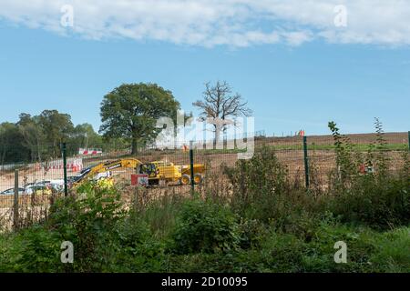 Harefield, Uxbridge, Regno Unito. 28 Settembre 2020. Un numero enorme di alberi è stato abbattuto nella campagna di Harvil Road ad Harefield per lavori di costruzione del collegamento ferroviario ad alta velocità 2 da Londra a Birmingham. I lavori di costruzione dell'HS2 mettono a rischio 693 siti faunistici, 108 boschi antichi e 33 siti di interesse scientifico speciale. Credito: Maureen McLean/Alamy Foto Stock