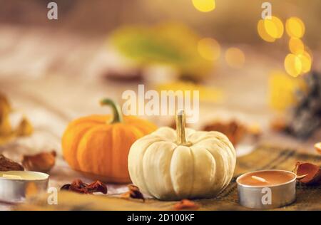 Due zucche piccole su un tavolo con decorazione a candela, primo piano, macro fotografia, concetto di stagioni autunnali Foto Stock