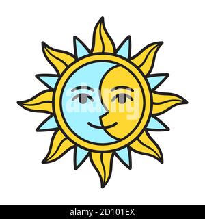 Metà del sole stilizzato mezza luna faccia, disegno semplice carino. Giorno e notte, equilibrio e unità simbolo. Immagine vettoriale clip art. Illustrazione Vettoriale