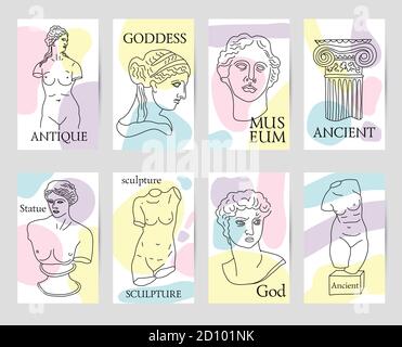 Antica Grecia e Roma insieme di 8 carte tradizione e cultura vettore modello senza giunture. La tendenza lineare dell'antica Grecia e dell'antica Roma Illustrazione Vettoriale