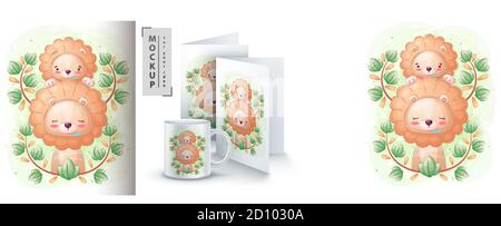 Leone carino con poster per bambini e merchandising. Illustrazione Vettoriale