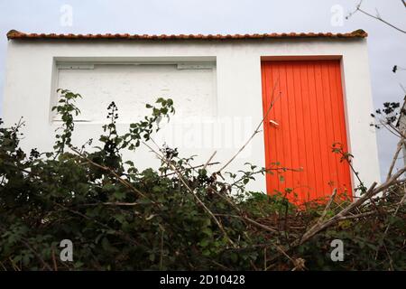 Cabina presso la fattoria di Oyster, la Gueriniere, Noirmoutier, Vendee, Francia Foto Stock