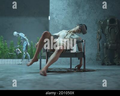 Uomo rilassante che indossa occhiali VR Foto Stock