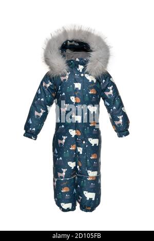 Odessa, UCRAINA - Ottobre. 2, 2020. Dorechi, Polo Nord - Snowsuit, vestiti invernali per bambini per camminare con cappuccio in pelliccia, vista frontale, bianco isolato bac Foto Stock