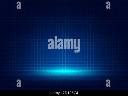 Astratto blu griglia prospettiva di progettazione sfondo con illuminazione. Le linee ad alta tecnologia collegano il panorama del futuro. Illustrazione vettoriale Illustrazione Vettoriale
