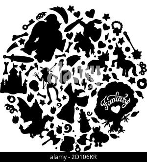 Splendido set con silhouette nere di cartoni animati di personaggi creature e. altri oggetti fantasy su sfondo bianco Illustrazione Vettoriale