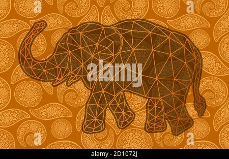 Splendido sfondo dorato con una silhouette di elefante poly indiano lineare basso Illustrazione Vettoriale