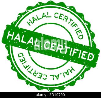 Grunge verde halal certificato parola rotondo guarnizione in gomma stampigliata su sfondo bianco Illustrazione Vettoriale