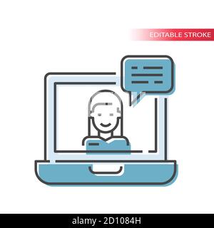 Icona vettoriale per laptop, donna e chat bubble line. Descrizione del concetto di supporto o assistenza clienti con il simbolo di riempimento. Illustrazione Vettoriale