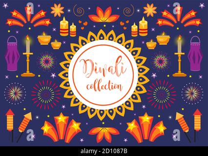 Set di icone Diwali, luci per le vacanze in india. Collezione di elementi di design con candele, fuochi d'artificio, lanterna di carta, stelle, razzi. Illustrazione vettoriale Illustrazione Vettoriale