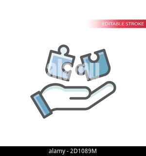 Icona del vettore di linea di pezzi di mano e puzzle. Definizione della strategia aziendale e del concetto di soluzione con il simbolo di riempimento. Illustrazione Vettoriale