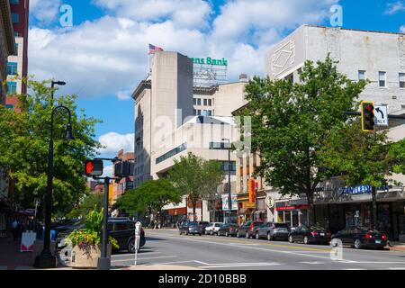 Edifici commerciali storici su Elm Street a Manchester Street nel centro di Manchester, New Hampshire NH, USA. Foto Stock