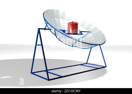 Modello di fornello solare parabolico con struttura blu con pentola rossa su sfondo bianco. Illustrazione 3D Foto Stock