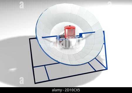 Modello di fornello solare parabolico con struttura blu con pentola rossa su sfondo bianco. Illustrazione 3D Foto Stock