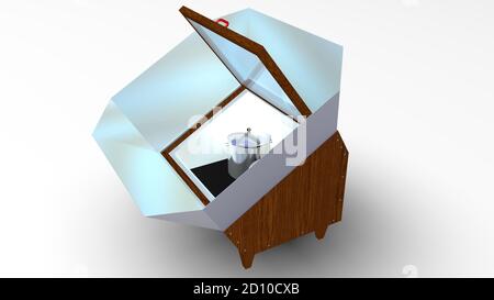 Box fornello solare con coperchio in vetro aperto e riflettori in metallo con due pentole all'interno su sfondo bianco. Illustrazione 3D Foto Stock