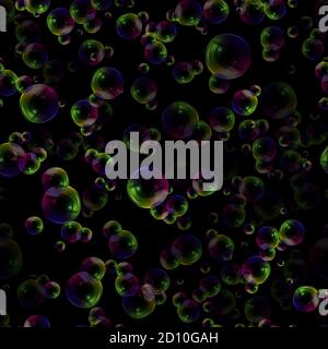 Motivo senza cuciture con striscia Shampoo di bolle d'acqua realistiche. Sapone liquido detergente schiuma, bolle di shampoo in bagno o doccia. Illustrazione Vettoriale