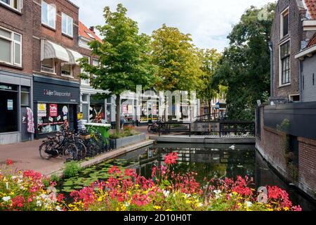 Vista sul centro storico di Gouda. Zeugstraat con canale, negozi vari e fiori fioriti in un pomeriggio di sole. Olanda meridionale, Paesi Bassi. Foto Stock