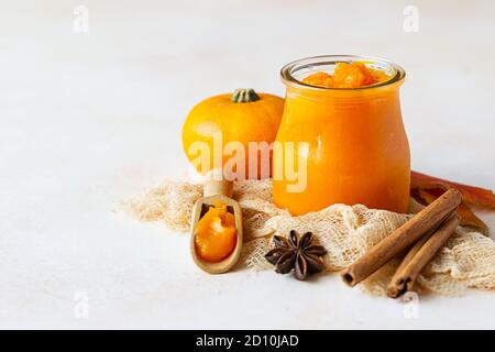 Purea di zucca organica in scatola in vaso di vetro con zucca fresca, cannella e anice su sfondo chiaro. Ingrediente per il Ringraziamento, autunno o inverno re Foto Stock