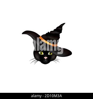 Cat in cappello. Gatto nero guardando la macchina fotografica nel cappello di Halloween. Divertente cartone animato per il biglietto d'auguri Illustrazione Vettoriale