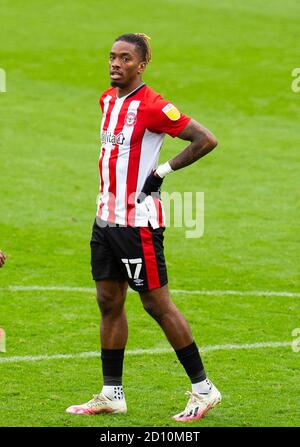 Brentford, Regno Unito. 04 ottobre 2020. Brentford Ivan Toney durante lo Sky Bet Championship giocato a porte chiuse tra Brentford e Preston North End al Brentford Community Stadium di Brentford, Inghilterra. Giocato senza sostenitori in grado di partecipare a causa delle attuali regole del governo durante la pandemia COVID-19 il 4 ottobre 2020. Foto di Andrew Aleksiejczuk/prime Media Images. Credit: Prime Media Images/Alamy Live News Foto Stock