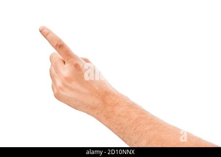 mano maschio isolata che tocca o punta a qualcosa Foto Stock
