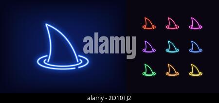 Pinna di squalo al neon, icona luminosa. Silhouette al neon con pinna di squalo dai colori vivaci. Minaccia e pericolo nascosti, predatore affamato di mare e oceano. Set di icone, segno, s Illustrazione Vettoriale