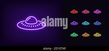 Neon alieno UFO, icona incandescente. Astronave aliena al neon, astronave UFO dai colori vivaci. Invasione spaziale, nave marziana, oggetto volante non identificato. Set di icone Illustrazione Vettoriale