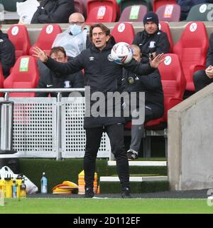 Londra, Regno Unito. 04 ottobre 2020. Il direttore di Brentford Thomas Frank durante la partita del campionato EFL Sky Bet tra Brentford e Preston North End al Brentford Community Stadium di Londra, Inghilterra, il 4 ottobre 2020. Foto di Ken Sparks. Solo per uso editoriale, è richiesta una licenza per uso commerciale. Nessun utilizzo nelle scommesse, nei giochi o nelle pubblicazioni di un singolo club/campionato/giocatore. Credit: UK Sports Pics Ltd/Alamy Live News Foto Stock