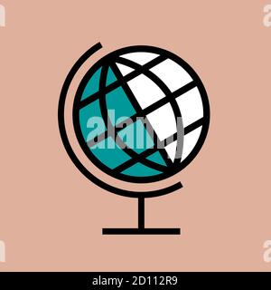 Icona del globo scolastico su un supporto. Pianeta Terra e simbolo geografico. Illustrazione vettoriale isolata. Illustrazione Vettoriale