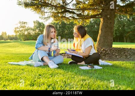 Incontro all'aperto di adolescente ragazza e donna di psicologo sociale lavoratore Foto Stock