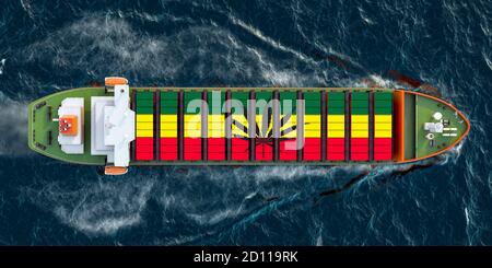 Nave freighter con droghe contrabbandiere in contenitori di carico che navigano in oceano, rendering 3D Foto Stock