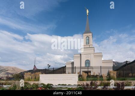 Il tempio di Star Valley Wyoming della Chiesa di Gesù Cristo dei Santi degli ultimi giorni, situato ad Afton, Wyoming. Foto Stock