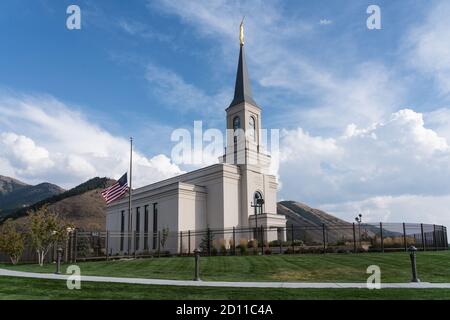 Il tempio di Star Valley Wyoming della Chiesa di Gesù Cristo dei Santi degli ultimi giorni, situato ad Afton, Wyoming. Foto Stock