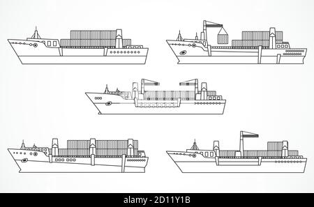 Insieme vettoriale di navi da carico secche, navi portacontainer. Contorni neri. Vedere altri set di navi. Illustrazione Vettoriale