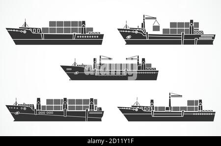 Insieme vettoriale di navi da carico secche, navi portacontainer. Sagome nere. Vedere altri set di navi. Illustrazione Vettoriale