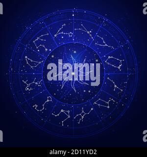 Illustrazione con cerchio dell'Oroscopo e costellazione zodiaca sullo sfondo stellato del cielo notturno. Illustrazioni vettoriali di colore blu. Illustrazione Vettoriale