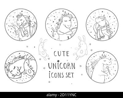 Insieme vettoriale di icone nere con simpatici unicorni disegnati a mano. Testo вЂ" SIMPATICO UNICORN su sfondo. Per il tuo progetto. Stile cartone animato. Illustrazione Vettoriale