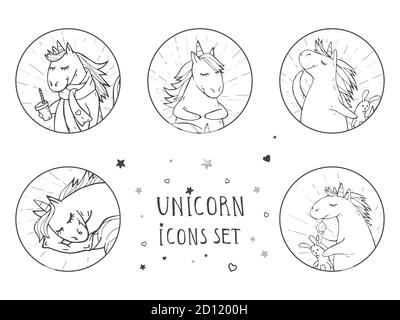 Insieme vettoriale di icone nere con simpatici unicorni disegnati a mano. Testo – UNICORNO sullo sfondo. Per il tuo progetto. Stile cartone animato. Illustrazione Vettoriale