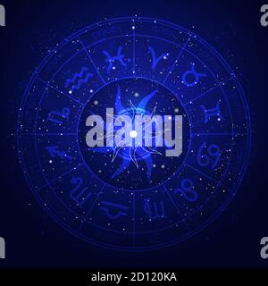 Illustrazione con cerchio dell'Oroscopo e simboli zodiacali sullo sfondo stellato del cielo notturno. Illustrazioni vettoriali di colore blu. Illustrazione Vettoriale