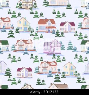 Modello vettoriale senza giunture di case suburbane e abeti. Paesaggio invernale e nevicata. Stile piatto. Illustrazione Vettoriale