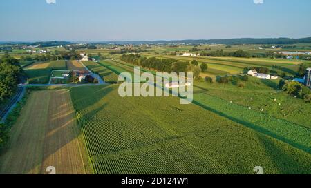 Vista aerea dei terreni agricoli, dei raccolti di mais e dei campi e una casa scuola di una stanza nel tardo pomeriggio Foto Stock