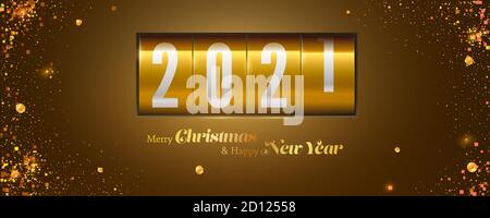 Buon Natale e Felice Anno Nuovo. Il nuovo 2021 è in arrivo. Tabellone retrò su sfondo festivo decorato Tinsel Natale. Illustrazione vettoriale 3d Illustrazione Vettoriale