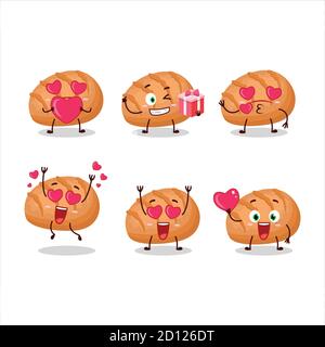 Cuocia il carattere del cartone animato del pane con l'amore emoticon carino Illustrazione Vettoriale