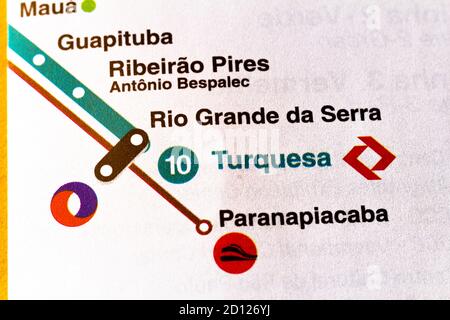 Brasile. 04 ottobre 2020. Dettaglio di una mappa che mostra Linha 10 (Turquesa) del Metrô de São Paulo. Credit: SOPA Images Limited/Alamy Live News Foto Stock