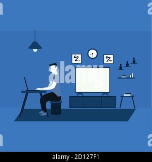 un uomo lavora da casa utilizzando un computer portatile - un uomo guardare la televisione a casa in modo casuale - illustrazioni piatte a due tonalità Illustrazione Vettoriale