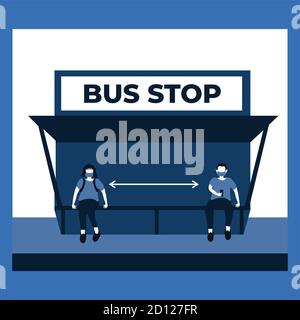 un uomo e una donna che fanno il divaricarsi sociale e indossare il masker alla fermata dell'autobus - due illustrazioni piatte tono Illustrazione Vettoriale