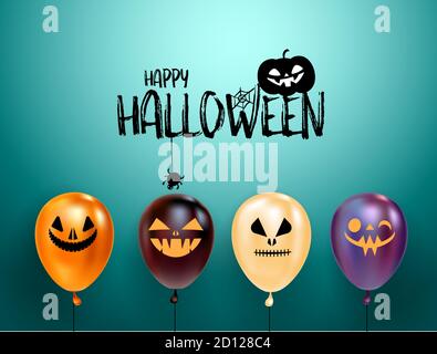 Set di palloncini di Halloween con facce spaventose e logo di Halloween con gatto in cappello. Sfondo blu. Biglietto d'auguri, invito o banner di vendita Illustrazione Vettoriale