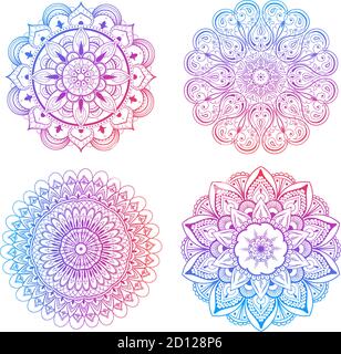 Una serie di belle mandale e cerchi di pizzo. Vettore mandala a gradiente rotondo. Ornamento orientale tradizionale con un gradiente concentrico. Elemento per Illustrazione Vettoriale